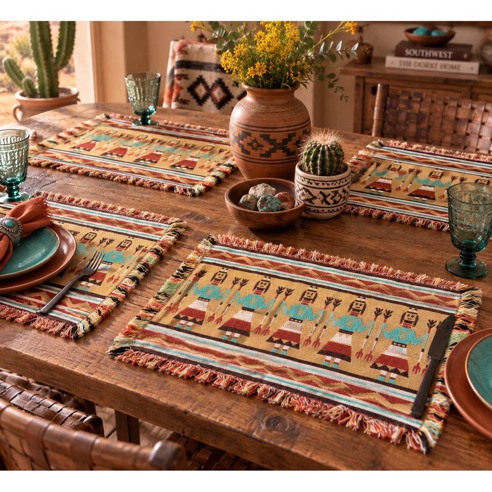W.C. Designs Southwest Woven Cotton Placemats Set of 4 Fringed Yellow Turquoise